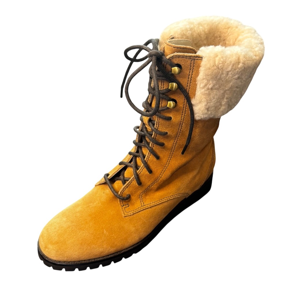 Cole Haan Women 6 B Waterproof Tan Suede Combat Boots Faux Fur Shearling Trim